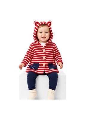 Baby Gap Red Striped Hooded Cardigan Whale Pockets 6–12 Months